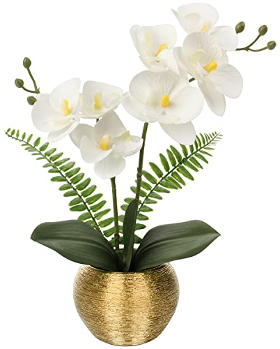 Briful Artificial Orchid Plants White Orchid Real Touch Flowers Artificial Phalaenopsis Flower Stems in Gold Ceramic Pot Fake Orchid Flowers for Home Decor Wedding Table Centerpiece