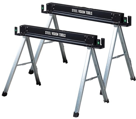 Steel Vision Workhorse Saw horses 2 pack Folding Heavy Duty Legs, Folding Metal Sawhorse with 2x4 Support Bracket, Push-Button Open Design - Press Side Stainless Button to Exten Legs, for Woodworking Carpenters Contractors