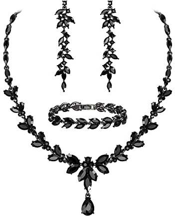 EVER FAITH Schmuckset Österreichisches Kristall Braut Schmuck-Set, elegante Marquise Strass Blatt Halskette mit baumelnden Ohrringen Tennis-Armband-Set, Helles Schwarz