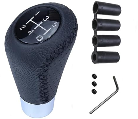 Juttzzei Schaltknauf 5 Gang Auto Schalthebel Universal Schaltknüppel Leder, Schaltknauf Tuning Manueller mit 4 Adaptern 8mm 10mm 11mm 12mm für Manueller Autos mit 5 Gang Schaltgetriebe-Schwarze Nähte