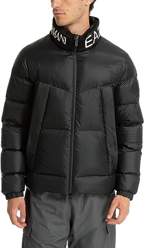 Emporio Armani EA7 Nylon Funnel Neck Logo Black Down Puffer Jacket M