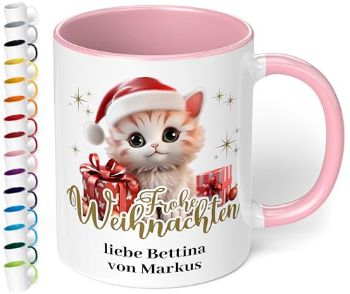 True Statements Kinder Weihnachtstasse personalisiert „Frohe Weihnachten“ Katze-Motiv 330ml Keramik Tasse mit Namen Mädchen Junge – Geschenk zu Weihnachten (Rosa)