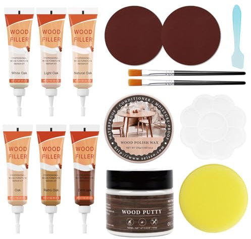 DEWEL Eichenholzmöbel Reparaturset, Lichtfarben Laminat Reparaturset, 6 Farben Holzspachtel mit Holzkitt Weiß und Bienenwachs,für Flecken, Kratzer, Risse, Löcher