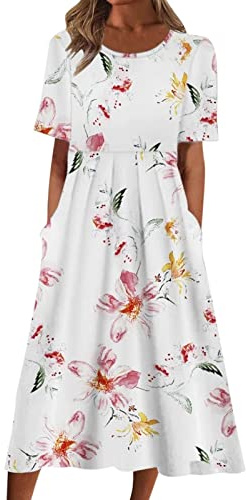 Sommarklänning med blommigt tryck, elegant, bohemisk klänning för dam, strandklänning, A-linjeformad, swingklänning, fritidsklänning, chiffongklänning, kortärmad, med rund hals, ROSA, M