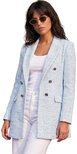 Roman Boucle Blazer for Women UK Ladies Frayed Edge Tailored Longline Rever Collar Jacket Lapel Stretch Smart Office Work Party Night Going Out Lined Classic - Light Blue - Size 14