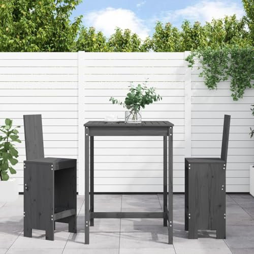 ULUYYUC 3-TLG. Gartenbar-Set, Küchensofa Polsterbank Gartenstühle Fußhocker Geeignet für Garten Außenbereich Hinterhof Balkon Grau Massivholz Kiefer