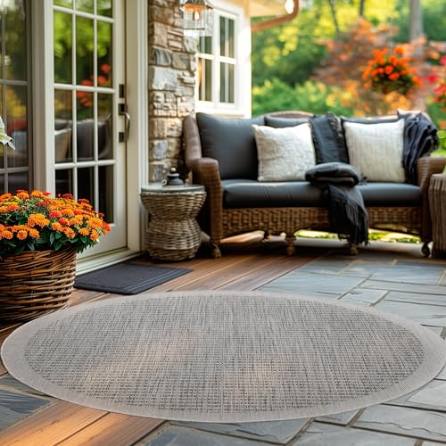 Carpettex In & Outdoor Teppich Wetterfest 200 cm Rund Grau - Sisal Optik Balkon Teppich Waschbar, Wasserfest und Flachgewebe - Ideal als Teppich für Küche, Terrasse, Garten und Camping