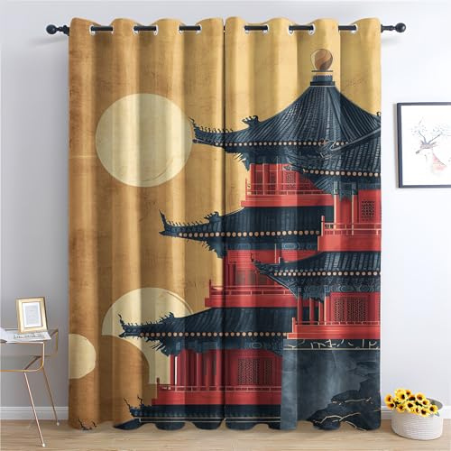 Generisch Japanische Pagode Vorhang, Japanisch Gardinen mit Ösen 2er Set Verdunkelungsvorhang, Traditioneller Vorhänge, Wohnzimmer Schlafzimmer Kinderzimmer Blickdichte vorhänge, 280x260 cm 2u&k-169