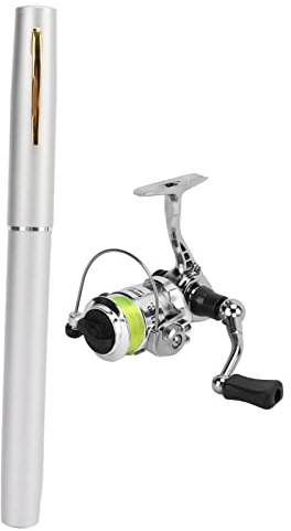 Glomora Juego de cañas de Pescar con Pluma, Mini Juego de cañas de Pesca con señuelo de Micro Pluma estilográfica de Bolsillo portátil con Carrete Giratorio (Plata)