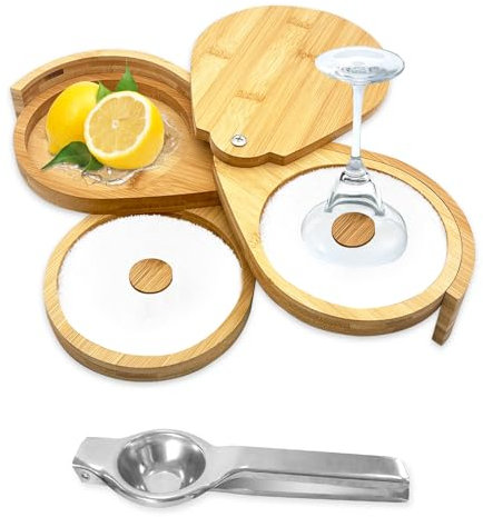 CIGAA Margarita Salt Rimmer Set, 3 Tiered Bar Glass Rimmer Bamboo Wood Sugar Salt Box with Lemon Squeezer, Bartender Tool for Cocktail and Margarita
