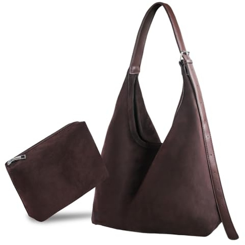 CorkAllin Braune Wildledertaschen für Damen – 2024 neue verstellbare Riemen braune Wildleder-Hobo-Tragetasche mit Tasche