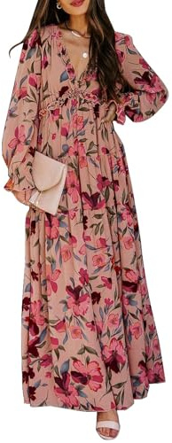 AGUCEG Damen Casual Lange Bedruckte Kleider Lange Wellenkleider V-Ausschnitt Lange Kleider XL X-Large Rot