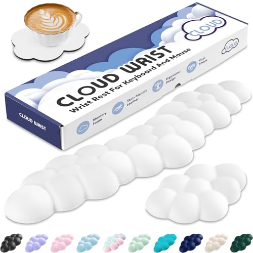 Sushret Cloud Wrist Rest Keyboard and Mouse Set, PU Leather Memory Foam Wrist Support Keyboard, Cute Cloud Arm Rest Pad & Palm Cushion, PC/Gaming Desk Accessory for Office, Computer Setup, White