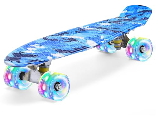 ERNAN Skateboard 22in Mini Cruiser Skateboard Completo retrò per bambini, ragazzi, adolescenti, adulti, principianti, ruote luminose a LED,carico massimo 99,8 kg (Blues)
