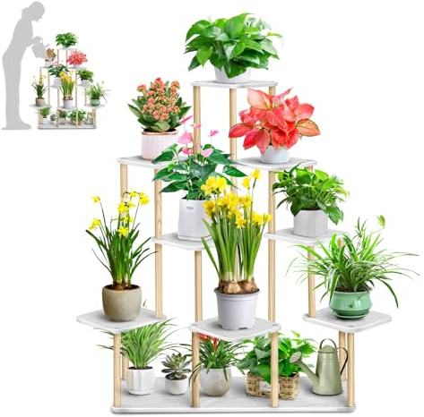SUNDOY Pflanzenständer, Massivholz Blumenregal für Innen/Außen, Pflanzenständer für Wohnzimmer, Schlafzimmer, Balkon, Garten, Terrasse, Mehrzweck-Blumentopfhalter (9-Pot-Weiß-Eiche)