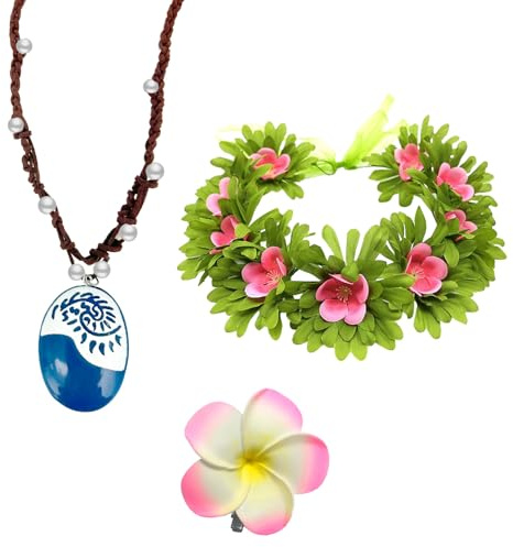 OptiPlay Moana Prinzessin Kette, 3 Stück Moana Halskette Zubehör, Moana Kostüm Zubehör, Moana Halskette mit Moana Haarnadel Blumenkrone Blumenclip, für Universal