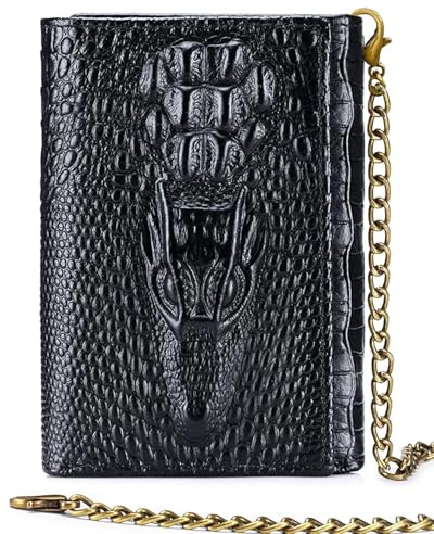 Steel Lion Genuine Cowhide Leather Men's Wallet - Crocodile-Embossed Design with Large ID Window, 15 Card Slots & Built-in Zippered Coin Pocket, Includes Anti-Theft Chain