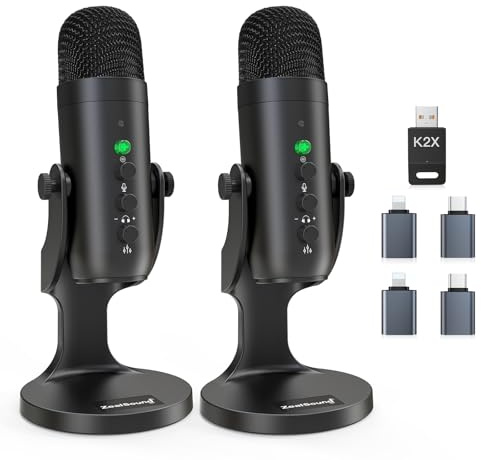 zealsound 2-in-1 USB Wireless Podcast Microphone Kit for PC/iPhone, Noise Canceling Plug & Play Condenser Mic for Solo/Dual Stream Gaming Recording ASMR TikTok on Mac/PS5, w/USB-C & Lightning Adapter