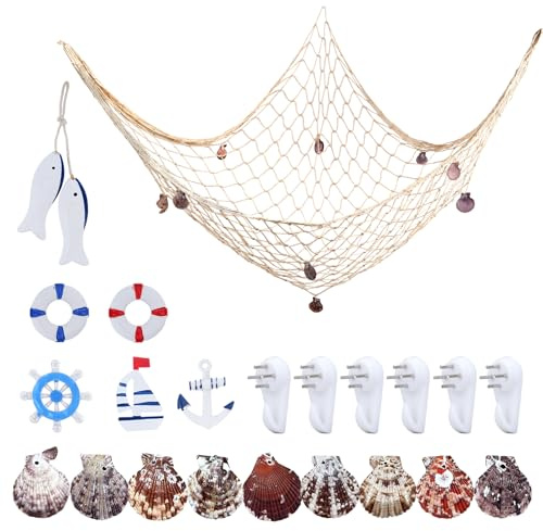 Maritime Fischernetz Deko, 16 Stück Natürlichen Muscheln und Meeres Deko, Outdoor Maritim mit Bildaufhänger, Deco Mesh für Nautische Dekorationsparty Geburtstagsdeko zu Hause, 100cmx200cm, Jute