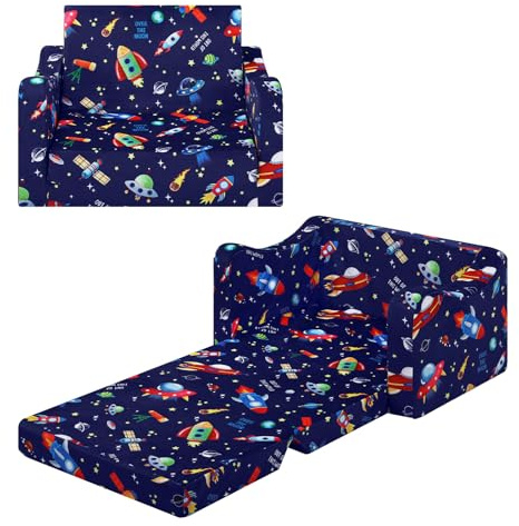 alldomess Pieghevole Divano Bambini 2-in-1, Poltroncina per Trasformabile in Lettino, Comoda Stabile Sedia Camere da Letto, Soggiorno e Stanza per i Giochi,Razzi