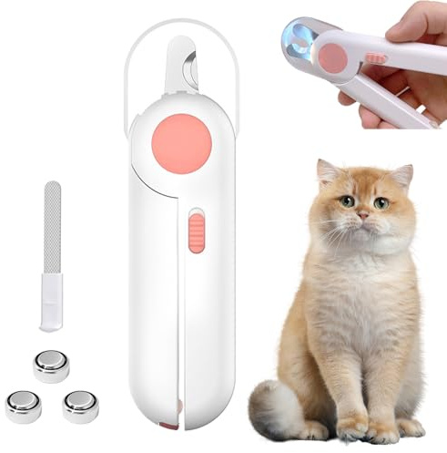 Uncle Yang Tier Nagelknipser mit LED Licht – Krallenschneider aus Edelstahl mit Feile & Spritzschutz, Haustier Krallenschere für Katzen Hunde Kaninchen Kleintiere (Rosa)