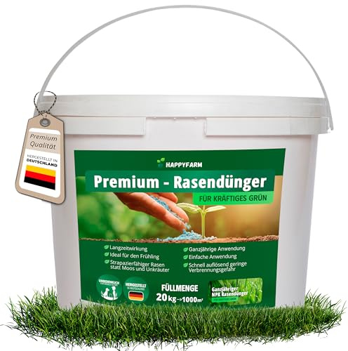 Happyfarm Premium-Rasendünger mit Langzeitwirkung – 20 kg für bis zu 1000 m² – Für kräftiges Grün, weniger Moos & Unkraut – Haustierfreundlich – ideal für Frühjahr bis Spätsommer (20 kg)
