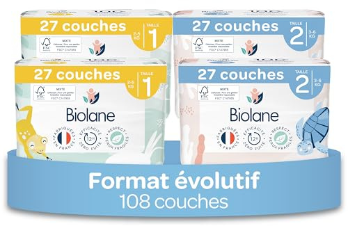BIOLANE - Couches Bébé Taille 1 & 2 – Duo Naissance Peaux Sensibles | Pack évolutif T1 x54 + T2 x54, Ultra-Absorbant, Jusqu'à 12h au Sec, Pas de Fuite, Fabriquées en France