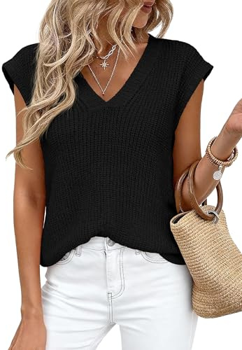 PRETTYGARDEN Women's 2026 Lightweight Sweaters Vest Spring Trendy Cap Sleeve V Neck Knit Tank Tops Summer Going Out Outfits (Black,Medium)