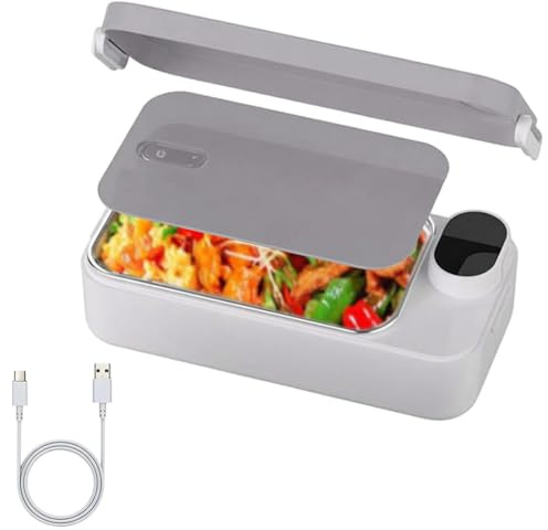Zorkkra Heated Lunch Box 900ml - Stainless Steel Electric Car Food Warmer, Adjustable Temperature Display, USB Rechargeable Portable Heated Lunch Box for Adults Office Travel, Quick Heating (A)