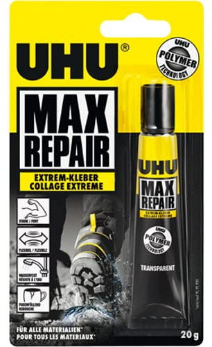 UHU Max Reparaturkleber, transparent, wasserfest, 20 g Tube, 3 Stück