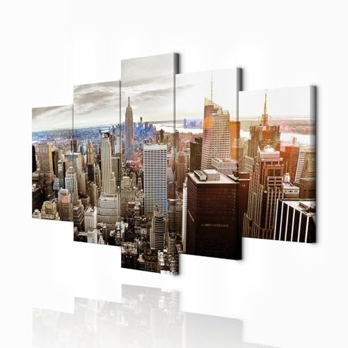 decomonkey Bilder New York 200x100 cm 5 Teilig Leinwandbilder Bild auf Leinwand Wandbild Kunstdruck Wanddeko Wand Wohnzimmer Wanddekoration Deko Panorama Skyline Stadt