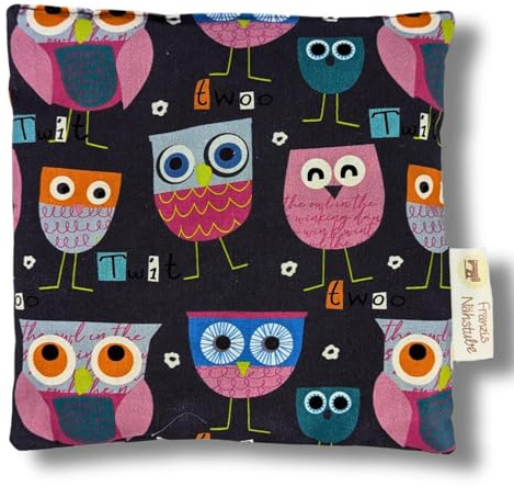 Franzis Nähstube 20x20cm Coussin aux pépins de raisin hibou gris en 100% coton I Coussin en grains de pépins de raisin 20x20 pour micro-ondes I Coussi