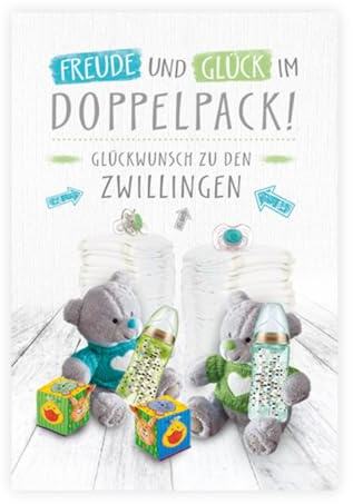 KE - Glückwunsch-Karte zur Geburt für Zwillinge, mit Umschlag, DIN B6, Babykarte, Baby Geburtskarte, Karte zum Baby, Motiv: Zwillinge