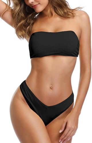 SHEKINI Donna Bikini Set Imbottito Bandeau Top Bikini Regolabile Costume da Bagno Due Pezzi Bikini Fondo da Spiaggia (XL, Nero)