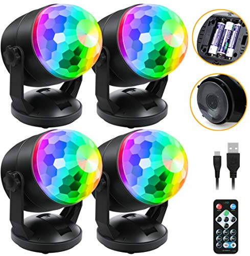 Luditek 4-Pack Disco Ball Light, Sound Activated DJ Strobe Light w/Remote, Battery Powered USB, Portable Party Supplies for Indoor Large Home Room Dance Karaoke Christmas Decorations