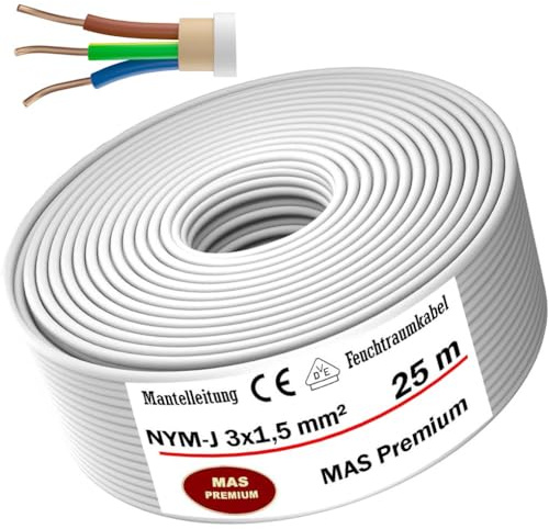 MAS Premium Feuchtraumkabel Stromkabel Mantelleitung Deutscher Marken-Elektrokabel Ring zur Verlegung über, auf, in und unter Putz, in trockenen, feuchten und nassen Räumen (NYM-J 3x1,5 mm², 25m)