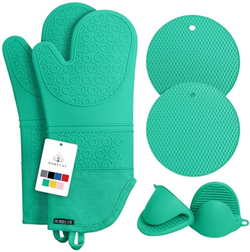 Rorecay Ofenhandschuhe & Topflappen Set - Extra Lange Küchenhandschuhe aus Silikon mit Mini-Schnapphandschuhen und Topflappen für die Küche zum Backen, Kochen oder Grillen 6er-Pack, Grau