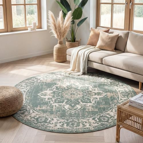 Vintage Teppich Rund - Spring Medaillon Grün Creme - Ø 240 cm | Synthetik, Polypropylen - Kurzflor - Vintage - Boho, Klassik, Ländlich, Orientalisch - Wohnzimmer, Esszimmer, Schlafzimmer