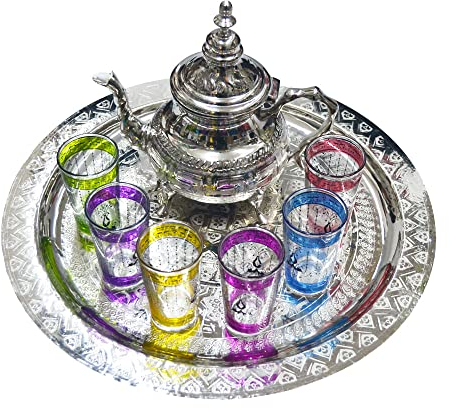 Magnifique ensemble à thé marocain à utiliser tous les jours composé d'une théière design 800 ml plateau 40 cm et 6 verres typiques en verre coloré