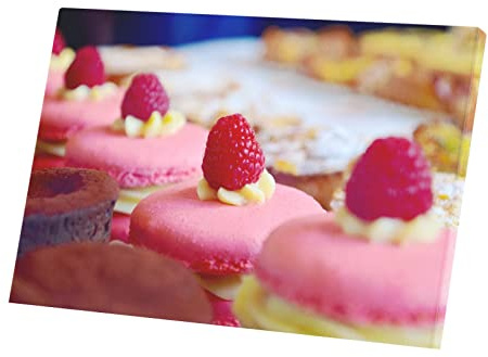 Fabulous Tableau Décoratif Toile Imprimée Affiche Poster Macaron aux Framboises Pâtisserie Rose et Jaune Gourmandise (60 cm x 40 cm)