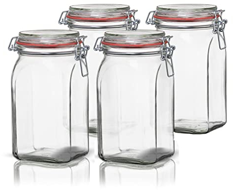 BigDean 4 Vorratsgläser 1,1L Einmachgläser mit Deckel & Bügelverschluss | Drahtbügelgläser zum luftdichten Aufbewahren, Einlegen & Einkochen - Glas, eckig - Made in Germany