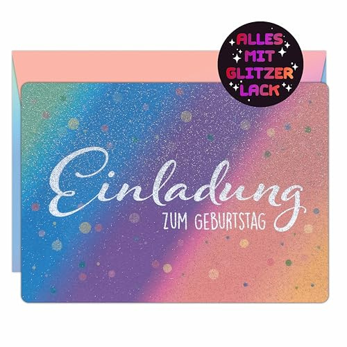 CALLUNA® – 12 Einladungskarten zum Kindergeburtstag mit Glitzerlack und bunten Versandhüllen – Bunte Einladung zur Geburtstagsfeier – Geburtstagseinladungen – Partyeinladungen – Glitzerkarte