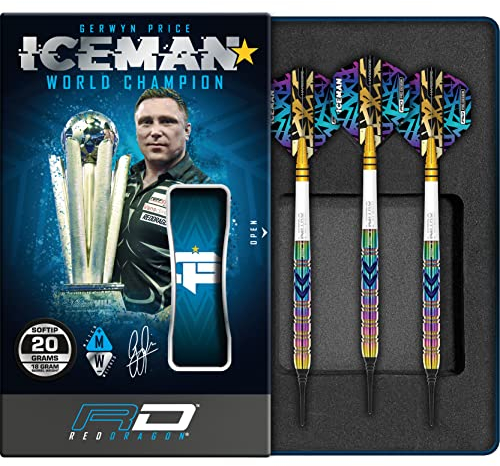 RED DRAGON Gerwyn Iceman Price Ionic 18 Gramm Softip Premium Tungsten Dartset mit Flights und Stielen