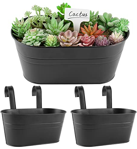 BOFUNX 2pcs Pots de Fleurs à Suspendre Rétro Métal avec Double Crochet Pot Plante Supendu sans Trou de Drainage Vintage pour Décoration Jardin Balcon Terrasse Intérieur ou Extérieur,Noir Mat