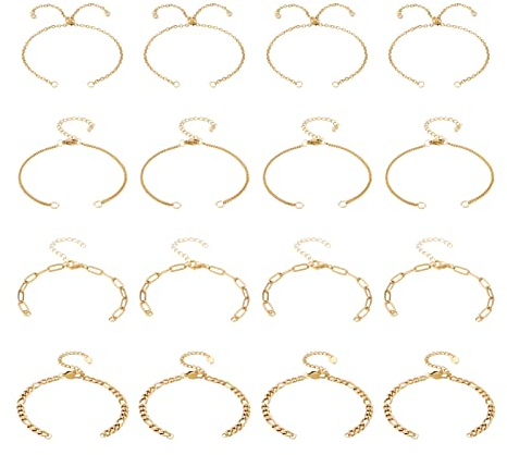 Beadthoven 16 Stück Edelstahl verstellbare Armbandketten 4 Stile goldene Büroklammer Figaro-Kabel Panzerkette Armband für DIY Frauen Herren Armband Schmuckherstellung