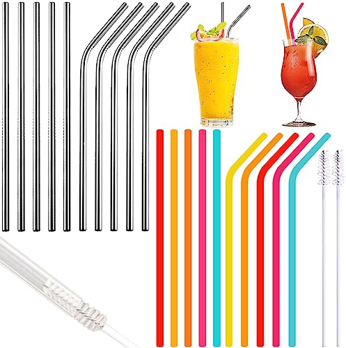 BDSHUNBF 20 Pièces Paille, Paille Inox, Pailles à Boire Réutilisable, Paille Metal avec 2 Brosses de Nettoyage, pour Cocktails, Lait Glacé, Milkshakes, Café Glacé, Thé (10 Droites + 10 Courbées)