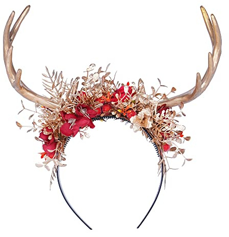 MOSTORY Handgefertigtes Fee Geweih Stirnband für Karneval Kostüme Damen, Elfenkrone mit und Blumen für Weihnachten Cosplay