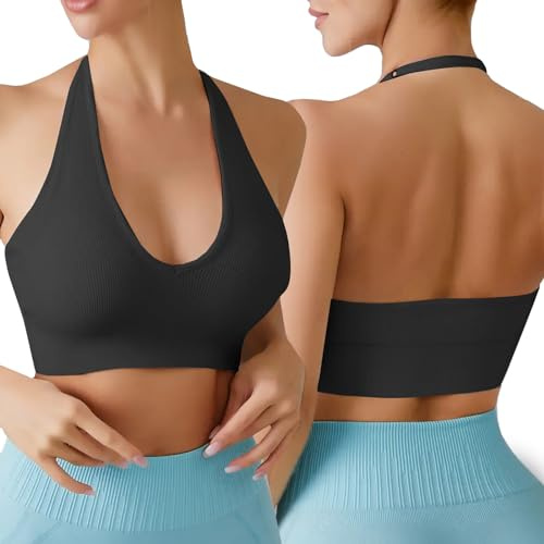 Sujetador Deportivo Mujer sin Espalda Sexy Halter Deporte Bra con Relleno Confort Soporte de Impacto Medio para Yoga Fitness Correr
