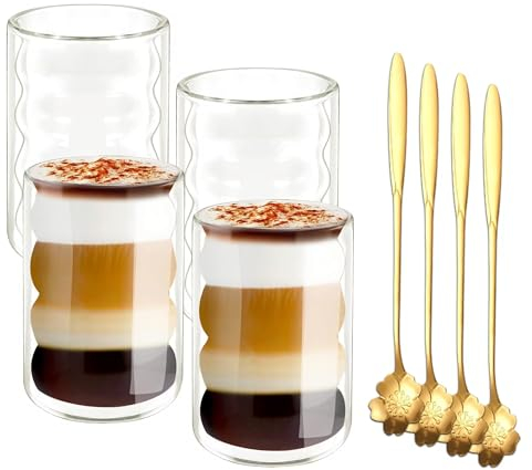 Latte Macchiato Gläser Doppelwandig 400ml 4er Pack mit 4 Löffeln Doppelwandige Kaffeegläser Cappuccino Tassen Spiralförmig Espressotassen Thermogläser Teegläser aus Borosilikatglas
