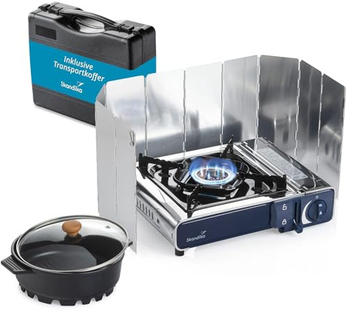 Skandika Set Réchaud à gaz Brann | 1 feu, réchaud de camping pour cartouches de gaz MSF-1A 227 g, acier inoxydable, puissance réglable, allumage PIEZO, mallette, pare-vent, casserole | Camping Grill